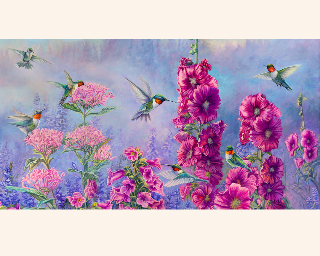 Hummingbirds among flowers