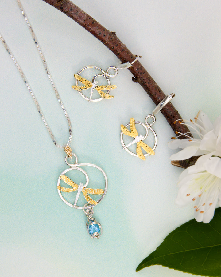 Dragonfly Necklace with raindrop blue topaz
