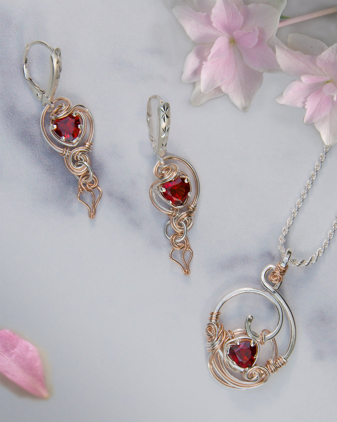 Garnet Heart Swirl Necklace