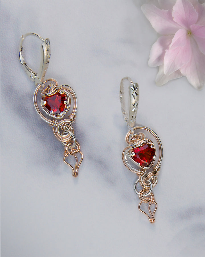 Garnet Heart Swirl Earrings