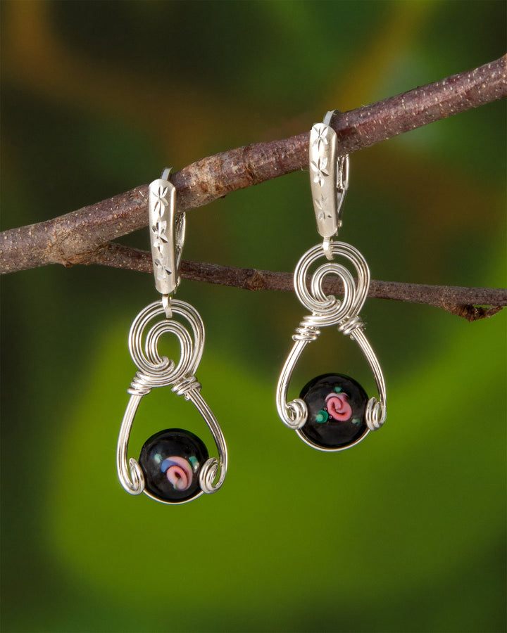 Black Rose Lampwork Bead Earrings