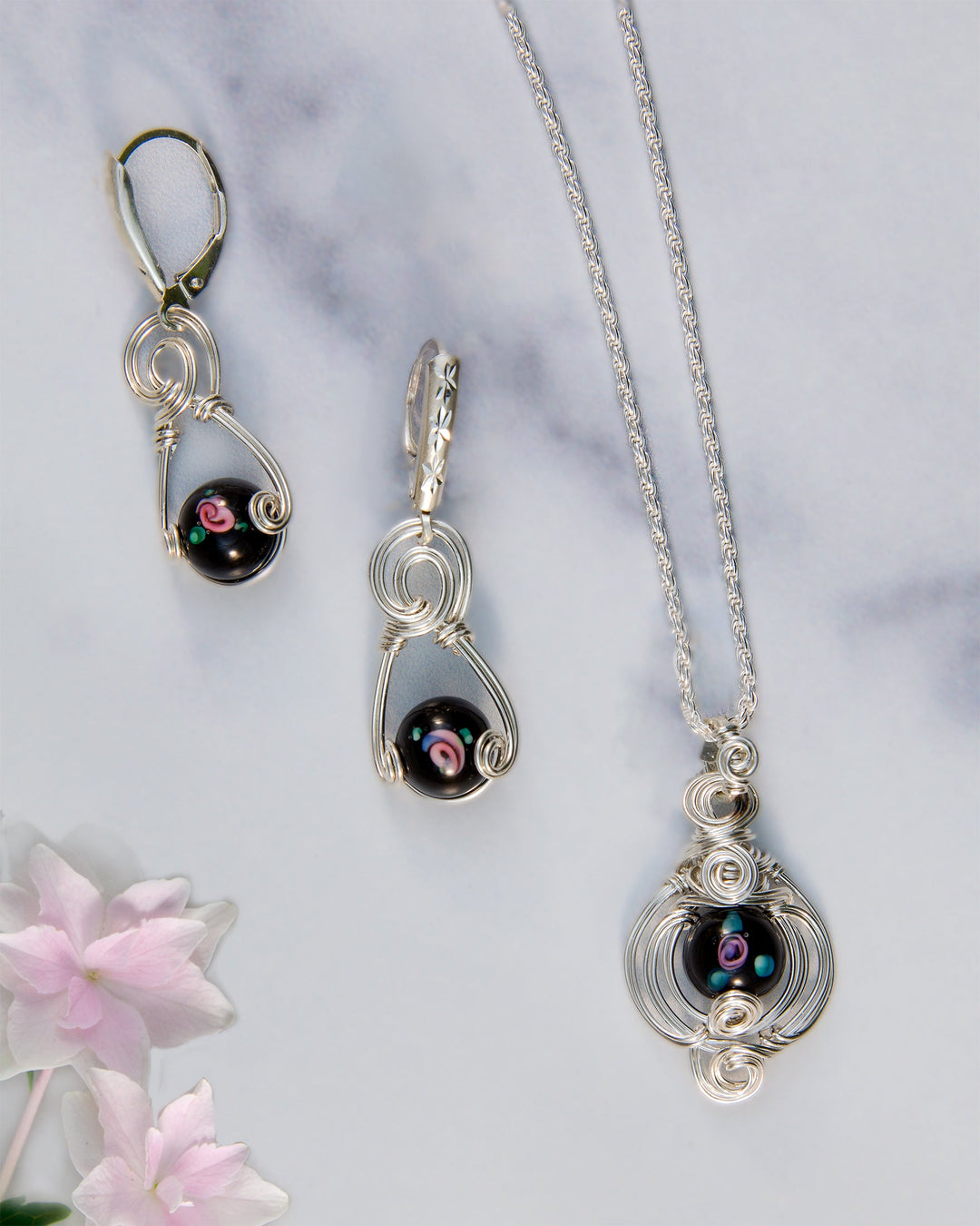 Black Rose Lampwork Bead Earrings
