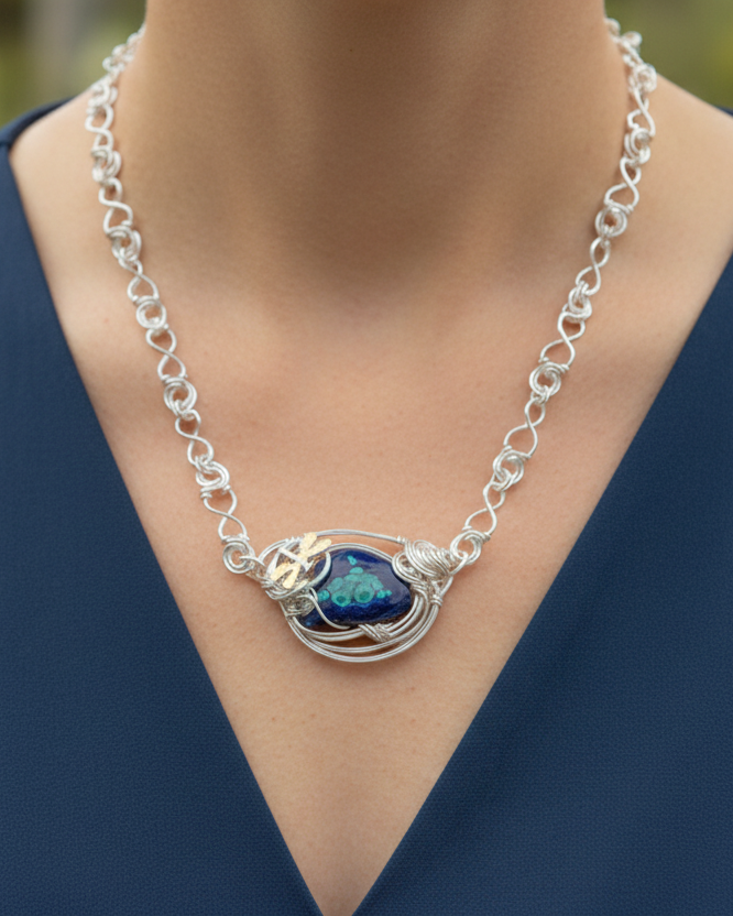 Person wearing a silver necklace with a colorful pendant against a blurred natural background