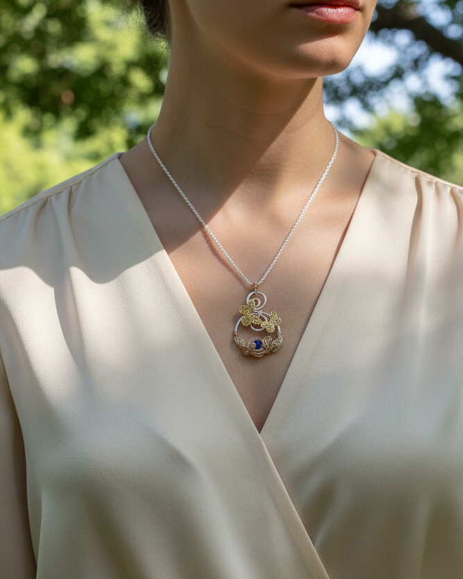 Butterfly Pair Necklace with Blue Sapphire