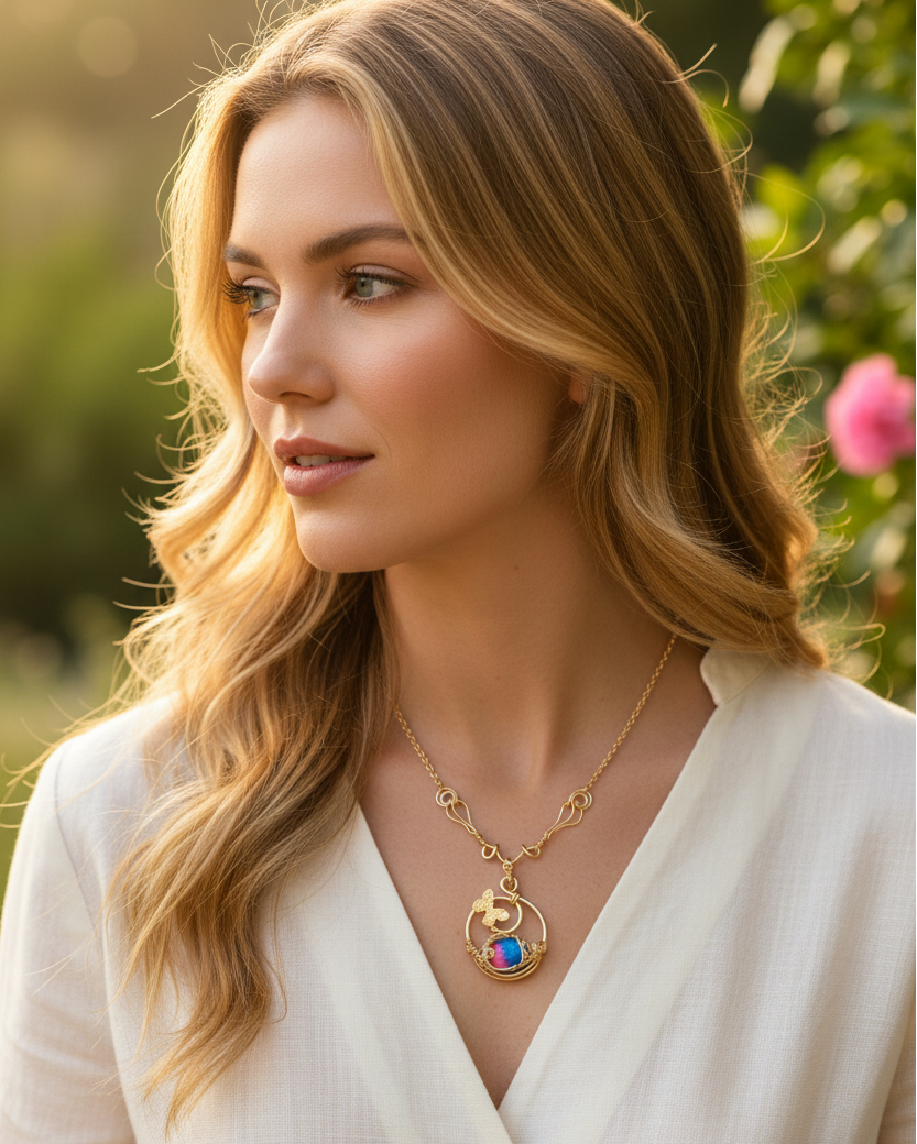 Woman wearing a gold necklace with a pendant outdoors