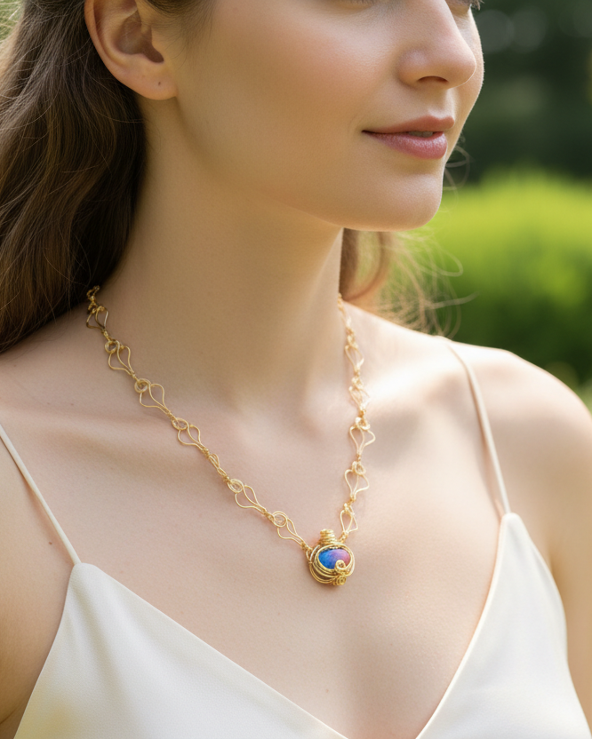 Woman wearing a gold necklace with a colorful pendant outdoors