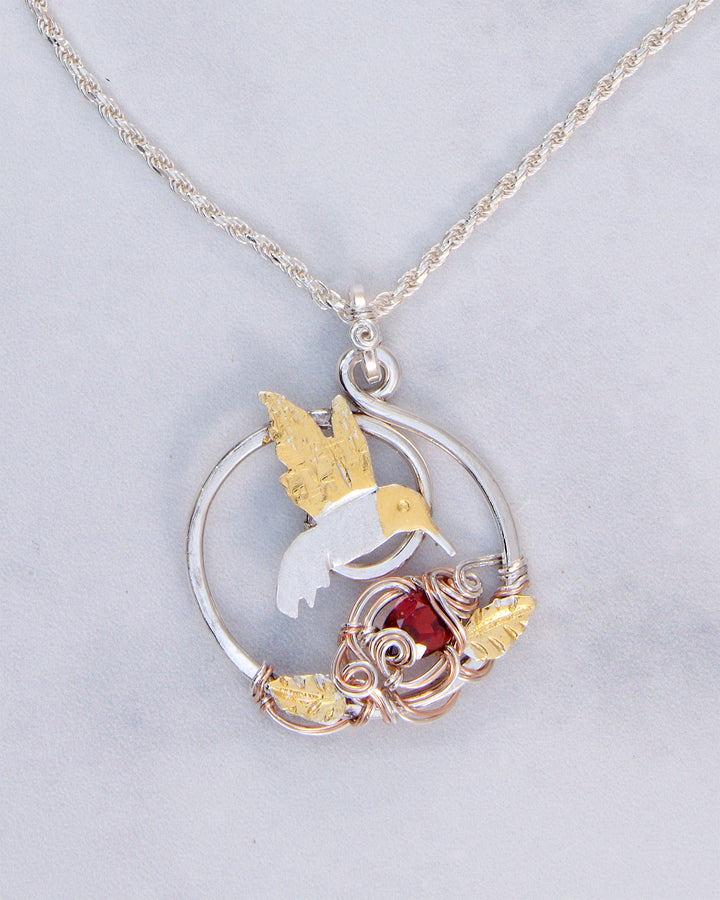 Hummingbird Necklace with Garnet and Leaves