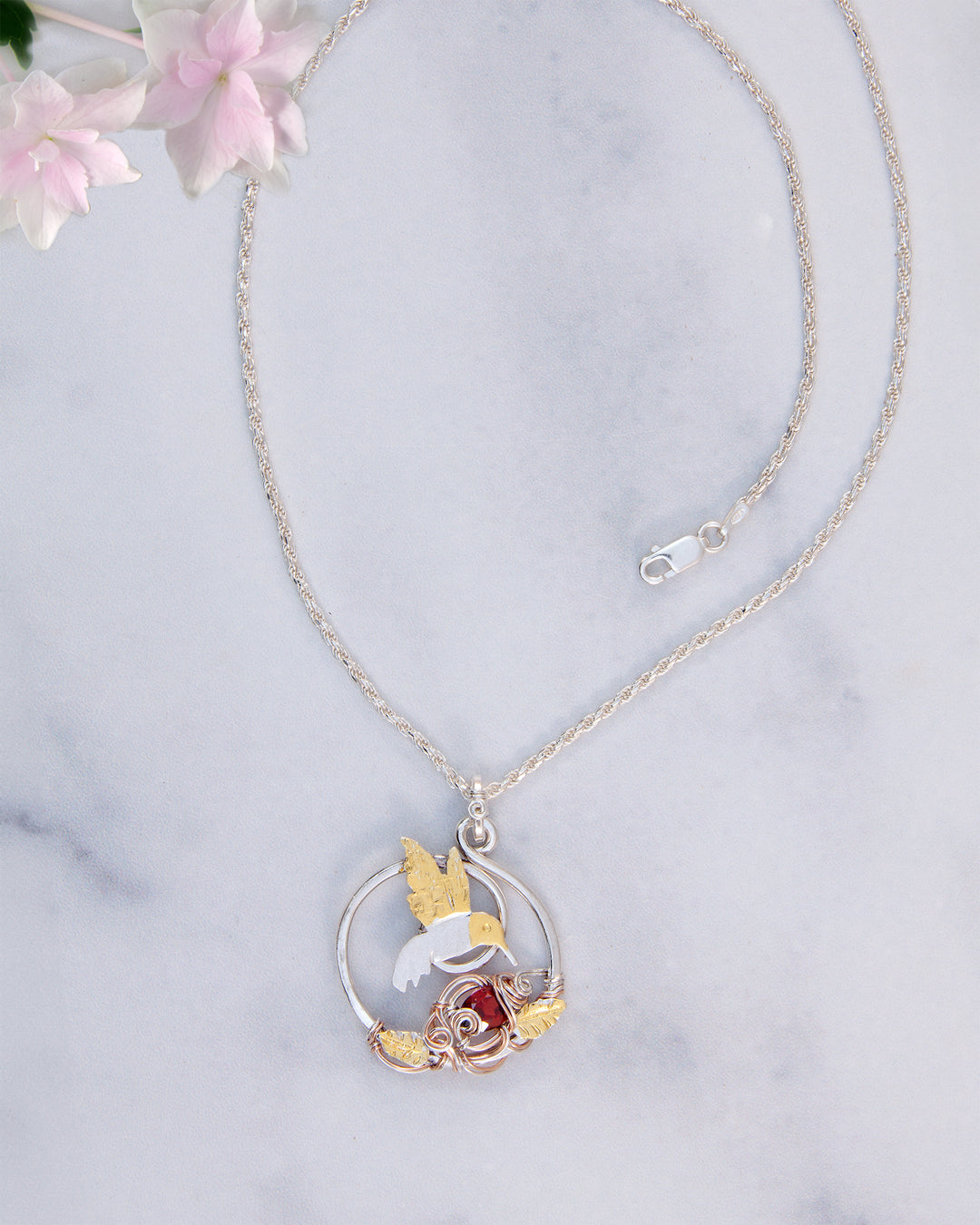 Hummingbird Necklace with Garnet and Leaves