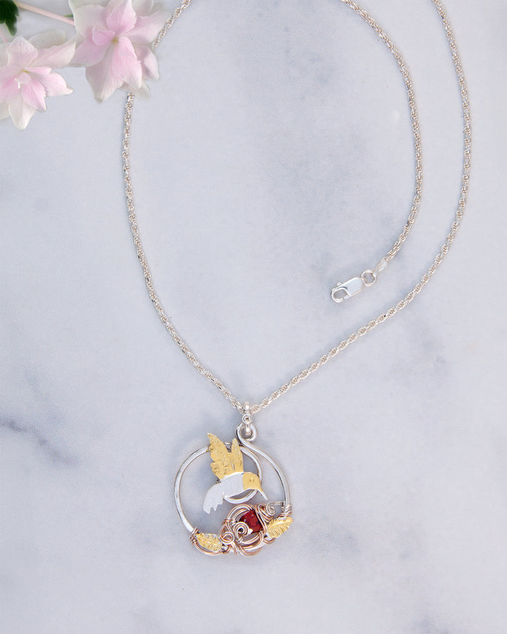 Hummingbird Necklace with Garnet and Leaves