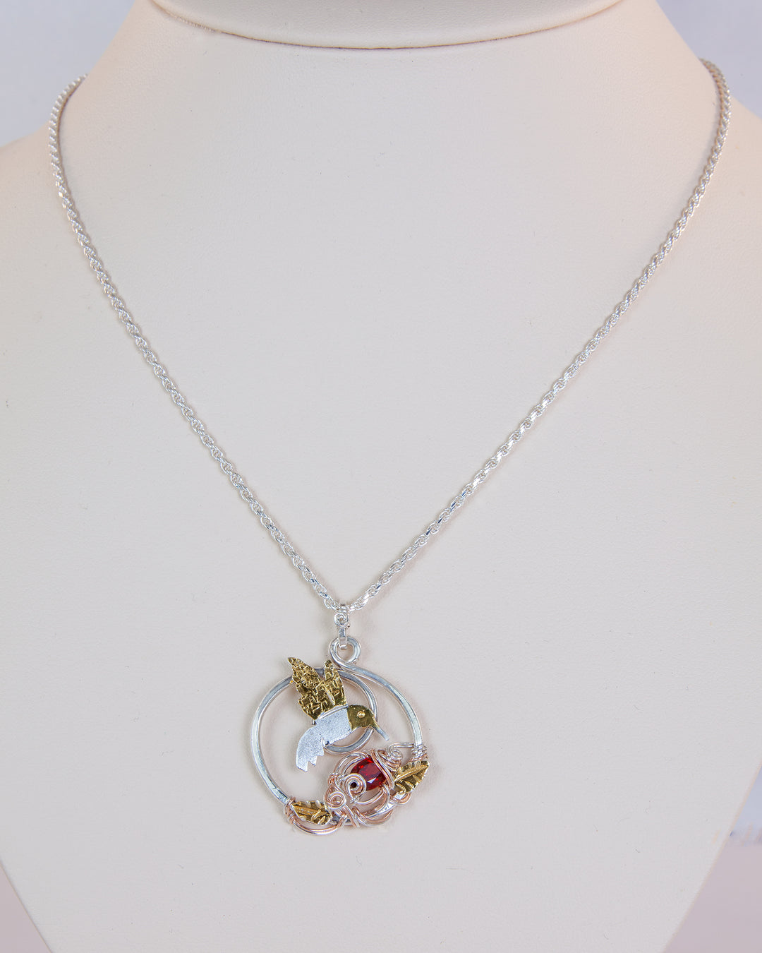 Hummingbird Necklace with Garnet and Leaves