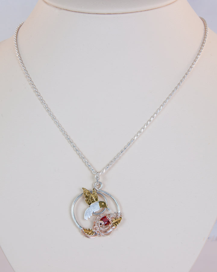 Hummingbird Necklace with Garnet and Leaves