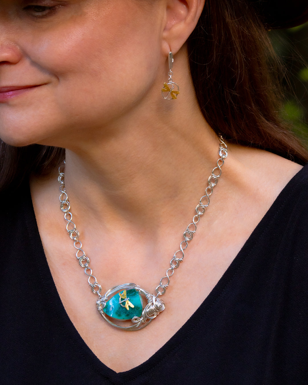 Dragonfly and Lily Pad Chrysocolla Necklace- One of a Kind
