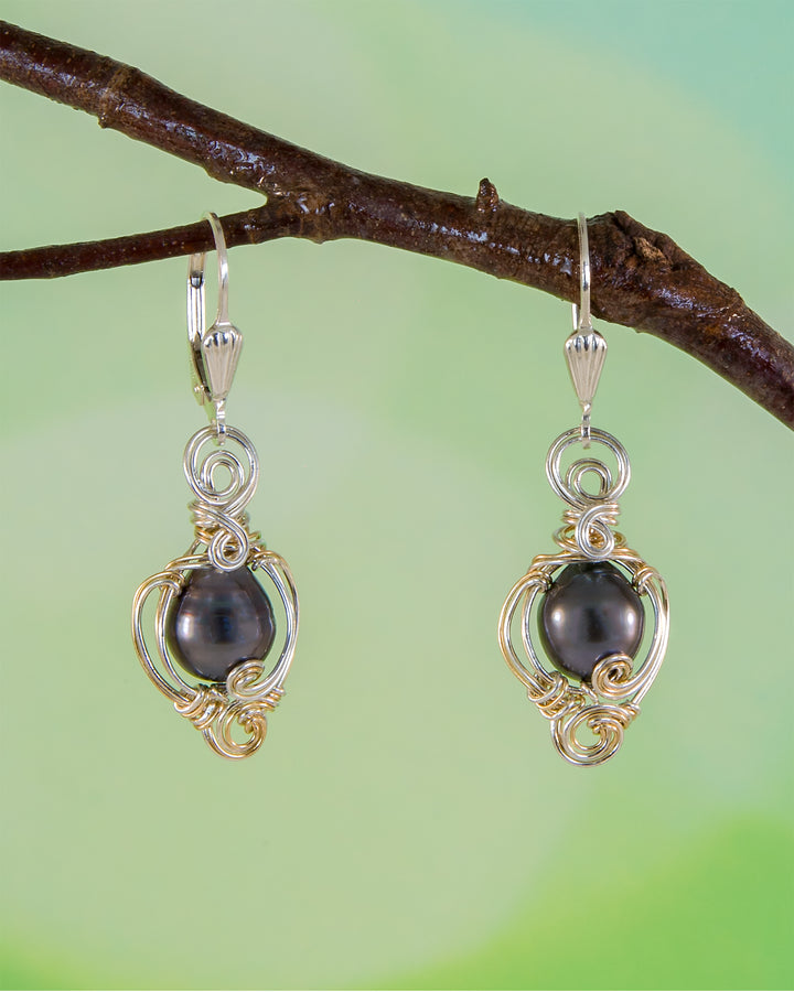 A pair of dangle earrings with dark Tahitian pearls wrapped in silver and gold-filled wire, hanging from silver leverbacks against a soft green background with a brown branch across the top.