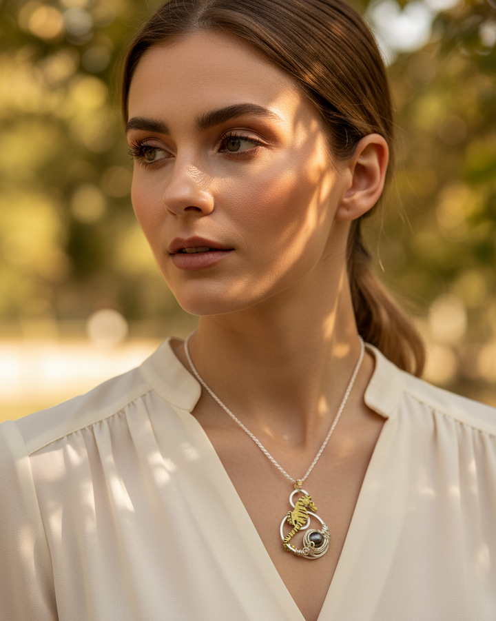 lady wearing a seahorse necklace