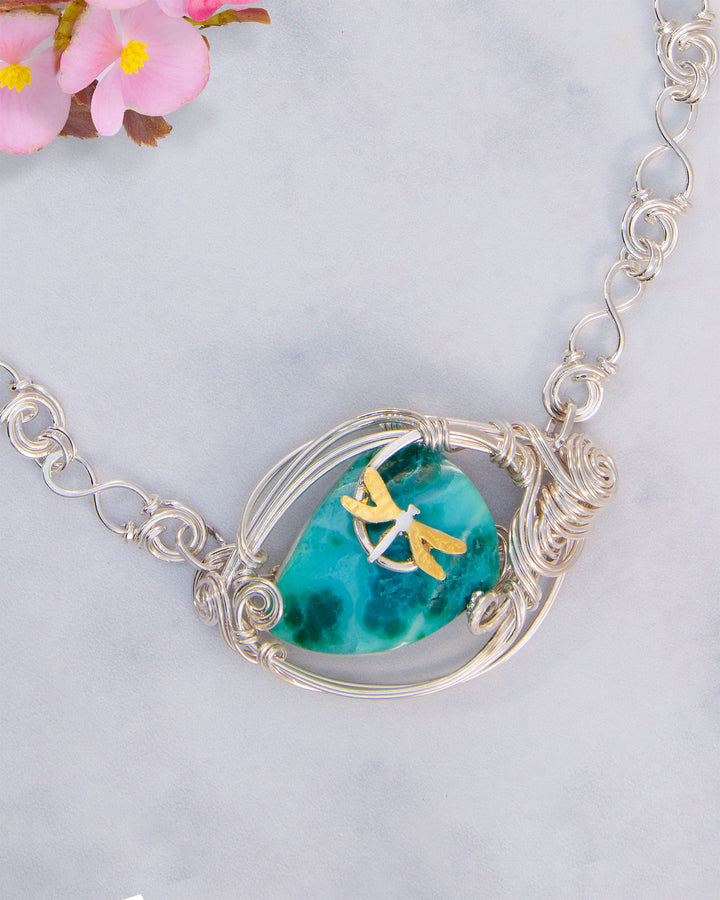 Dragonfly and Lily Pad Chrysocolla Necklace- One of a Kind