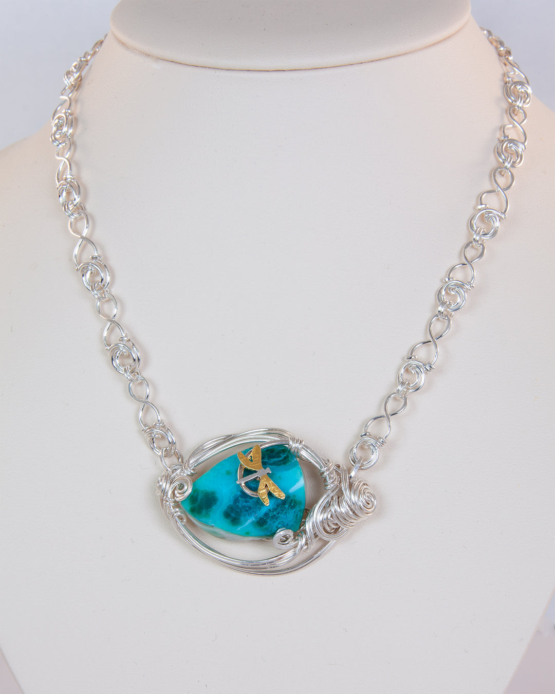 Dragonfly and Lily Pad Chrysocolla Necklace- One of a Kind