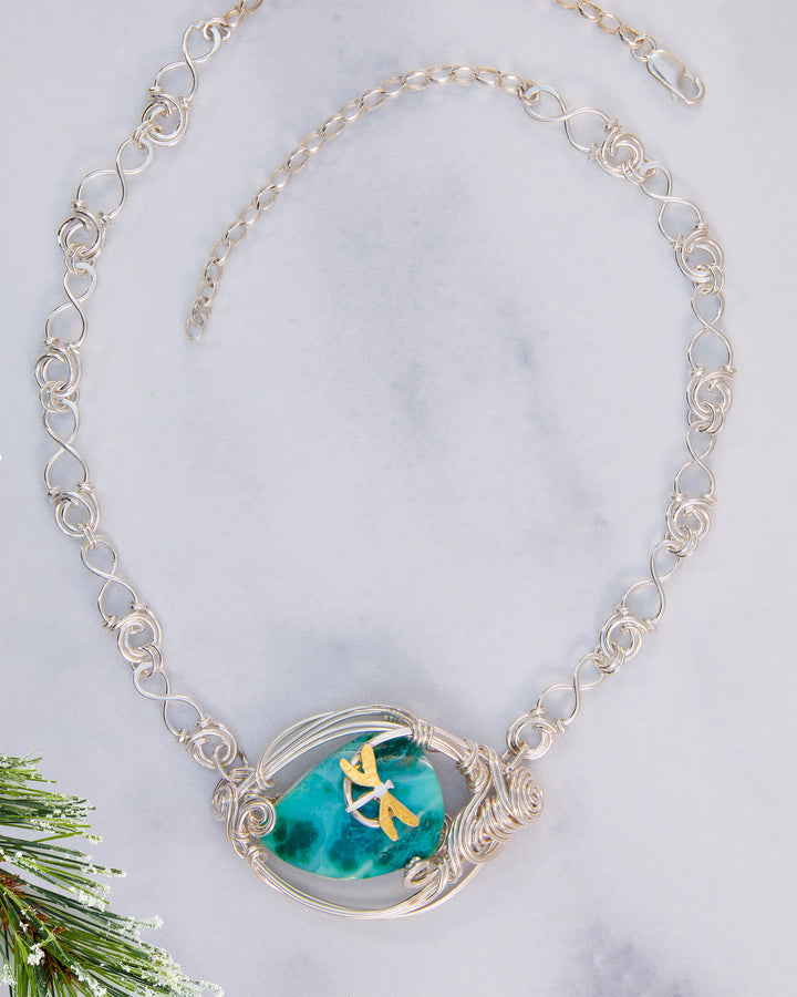 Dragonfly and Lily Pad Chrysocolla Necklace- One of a Kind