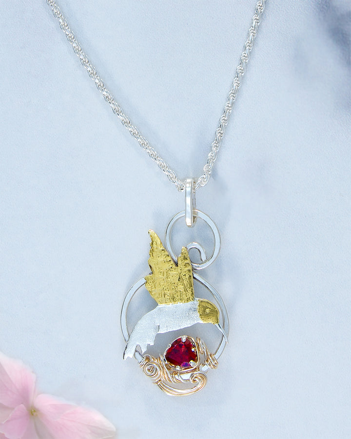 Hummingbird Necklace with Garnet