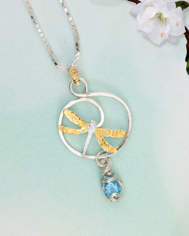 Dragonfly Necklace with raindrop blue topaz