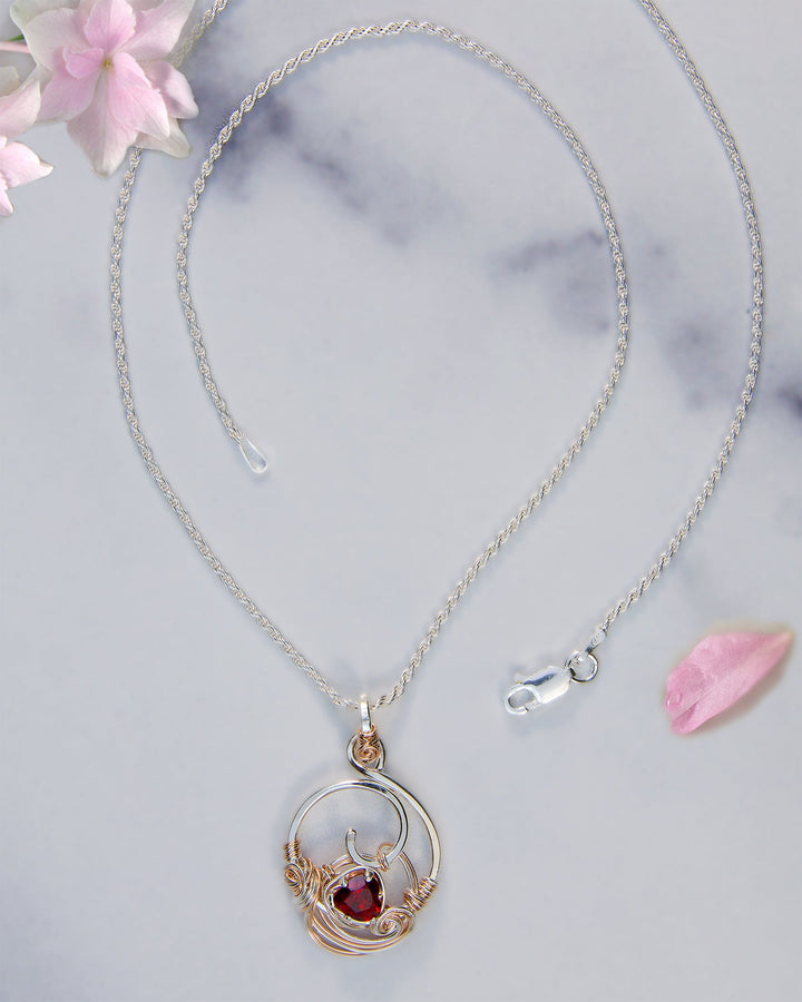 Garnet Heart Swirl Necklace