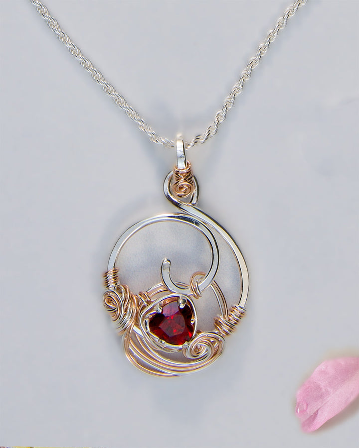 Garnet Heart Swirl Necklace